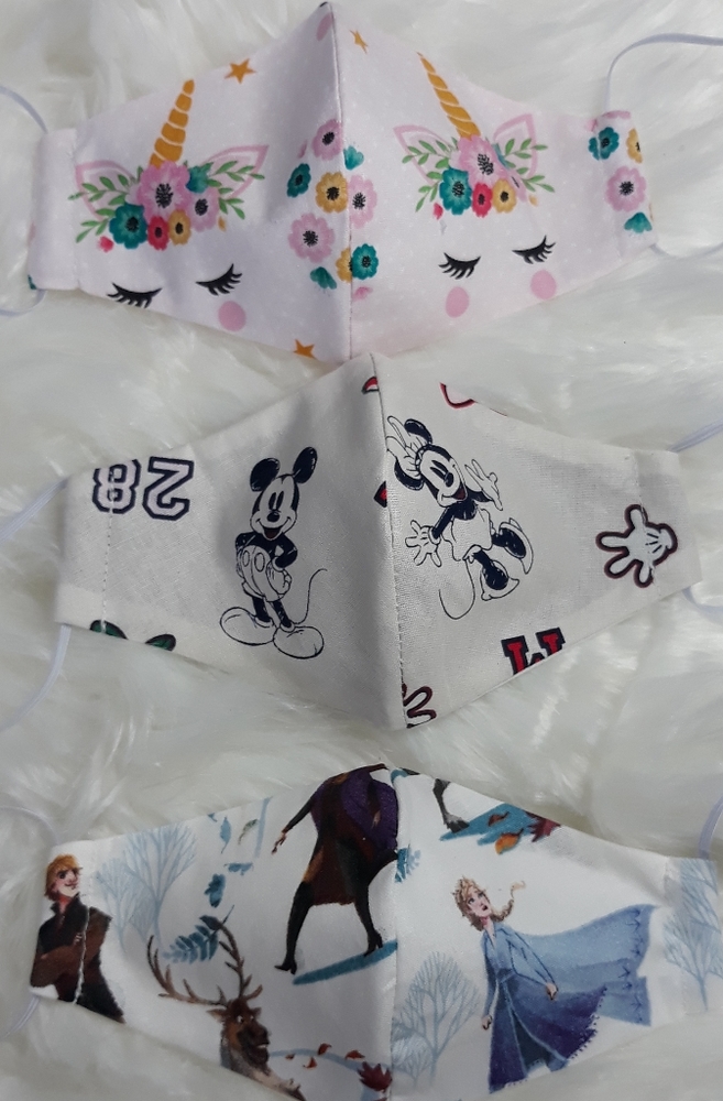 Pack 3 girl cotton face masks Elsa, Mini, Unicorn